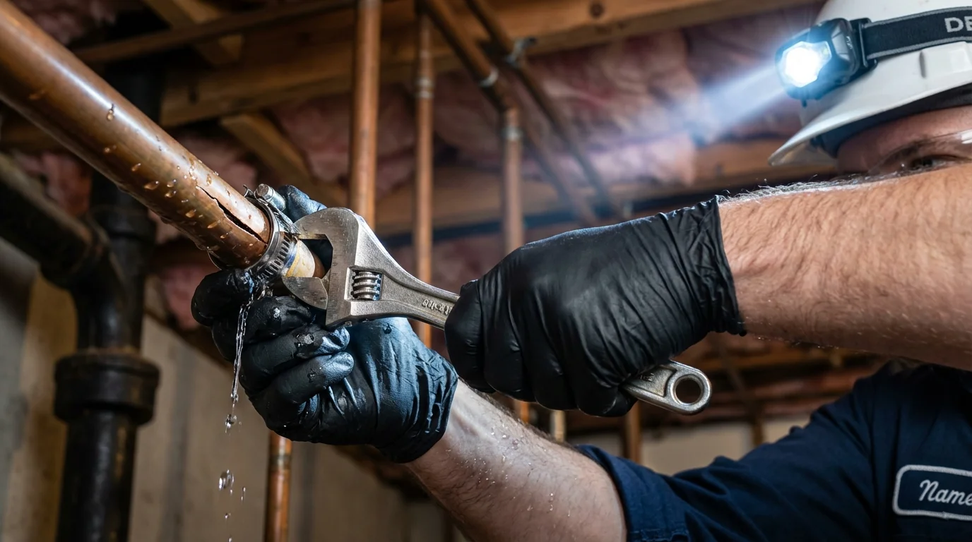 Emergency pipe clamp repair being performed by a Johns Plumbing LLC plumber in Mystic