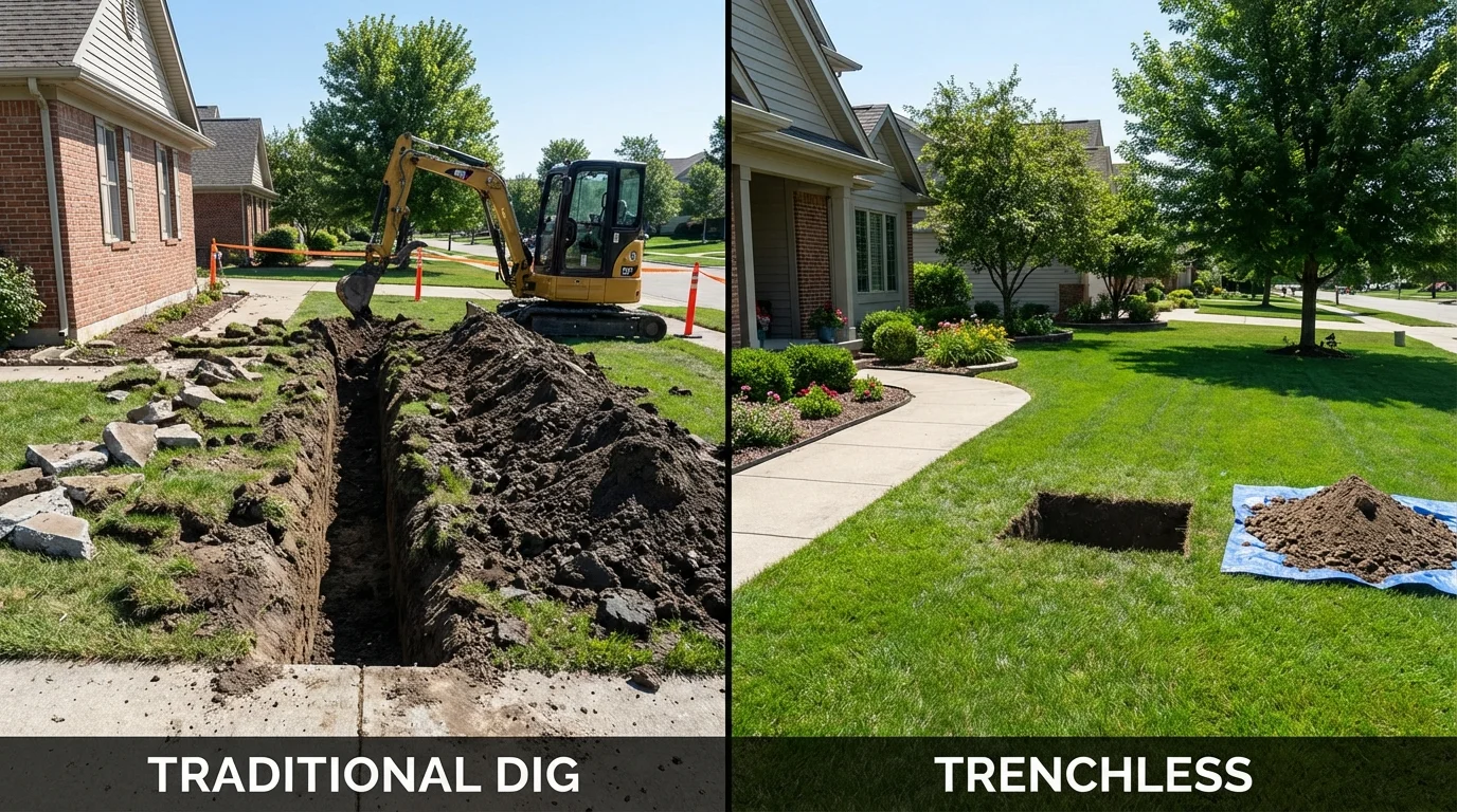 Trenchless sewer repair with minimal yard damage versus traditional excavation in Mystic, CT
