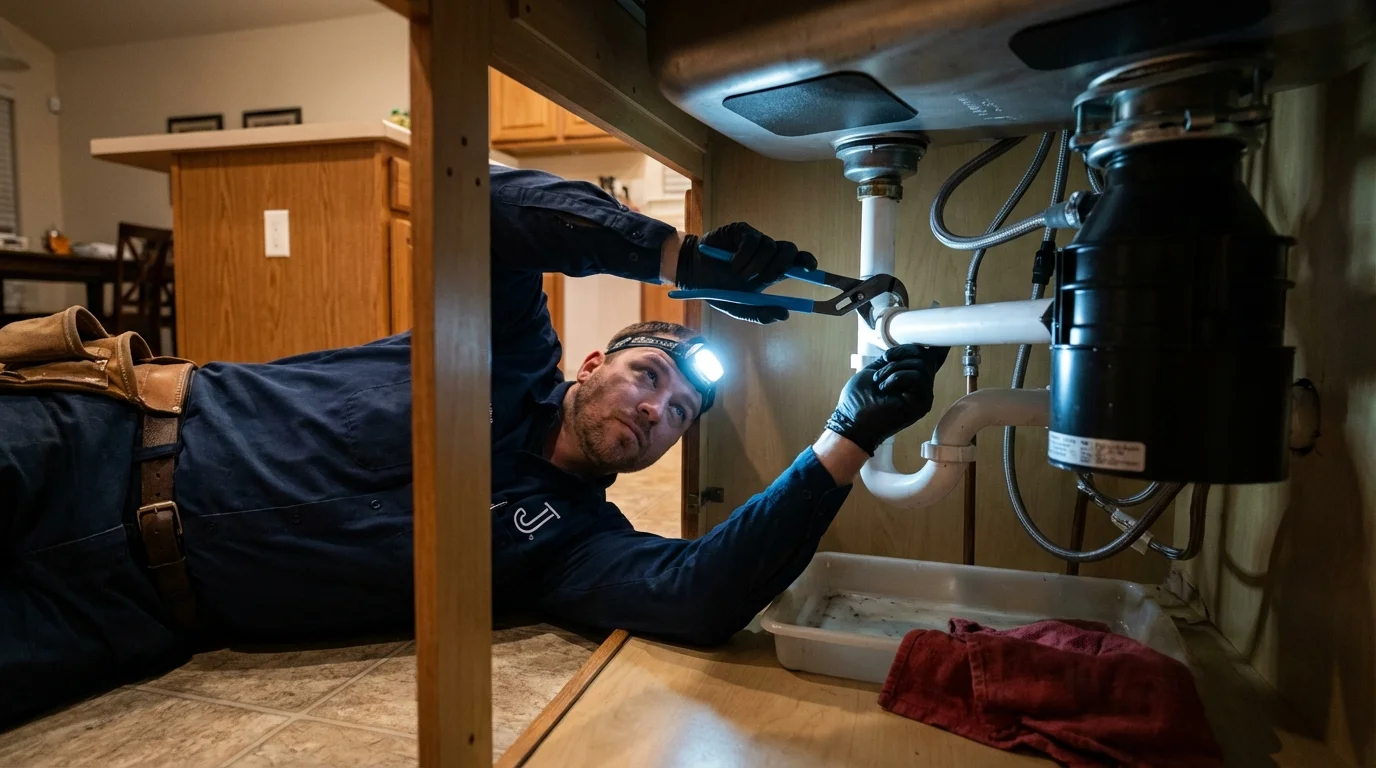 P-trap and supply line connections under a kitchen sink showing a common leak point in Mystic, CT